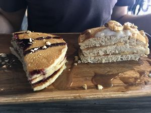 Blueberry and banana pancakes  at The Cavern in El Nido