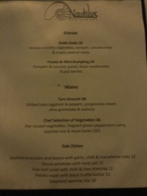 Vegetarian menu at Nautilus in Port Douglas