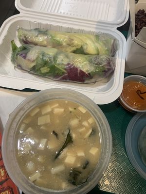 Summer rolls and miso soupp  at Tofubox in Brooklyn