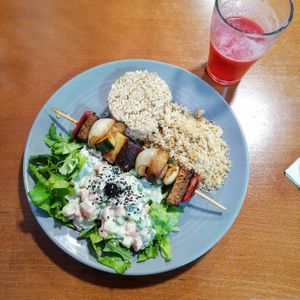 Prato do dia; churrasco with rice and russian salad. at Prema in Viseu