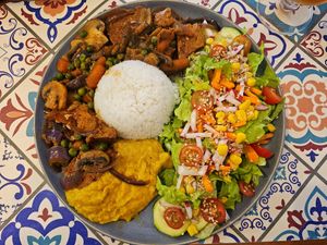 Seitan with veggies and basmati rice. at Prema in Viseu