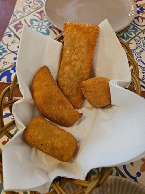 Salgadinhos (filled with sausage, "meat", jackfruit, "ham" & "cheese". at Prema in Viseu