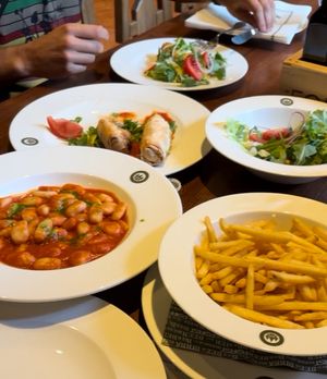 The fries, salad, wraps, grilled veggies and the gnocchi. (We ordered all the vegan options)  at Forst Bräustüberl in Lagundo