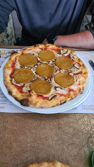 Pizza Etna vegan : tomates, fauxmage, salami piquant, ail et persil at La Carretta in Hotton