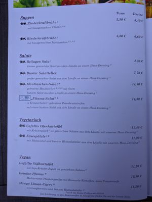 Menu with vegetarian and vegan options at Hirsch in Besigheim