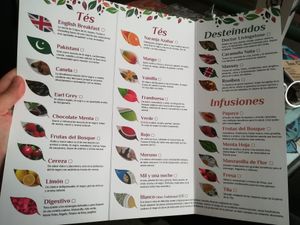 Carta de tés. Tienen leche de arroz, soja, avena y coco. at La Qarmita in Granada
