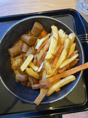 fries, veg sausage and curry sauce at Forky's in Vienna