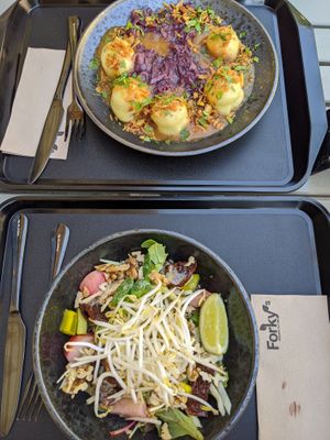 Speckknödel und quinoa bowl at Forky's in Vienna
