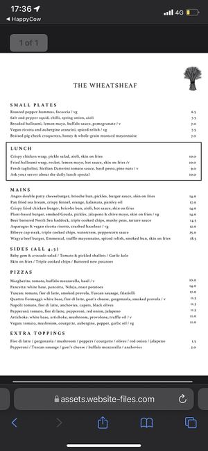 lunch menu  at The Wheatsheaf in South West London