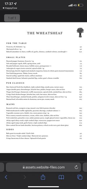 a la carte menu  at The Wheatsheaf in South West London