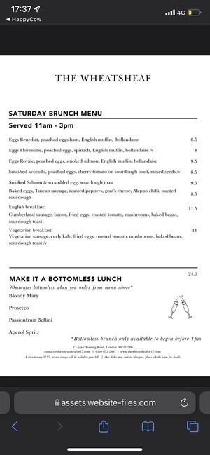 saturday brunch menu  at The Wheatsheaf in South West London