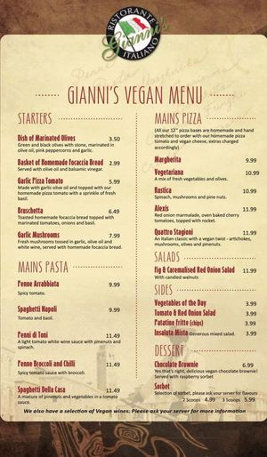 Vegan Menu at Giannis in Scarborough