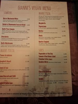 Vegan menu at Giannis in Scarborough