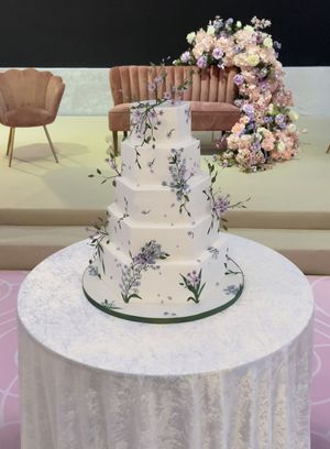 Hand Painted ‘Buttercream’ 5 Tier Vegan Wedding Cake with Sugar Flower Dimension.  at The Iced Vegan Wedding Cake in Mundford