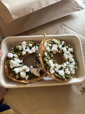 Bagel with vegan feta and pesto   at Beach House Cafe in Kaikoura