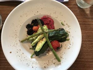 Vegan stack (tomato, beetroot hummus, asparagus, mushroom, potato cake, avocado and spinach) at Beach House Cafe in Kaikoura