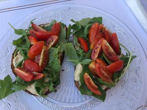 Hummus, tomato and rocket vegan tostada 🌱 at Lovelo Coffee Ride in Orihuela Costa