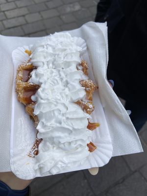 Vegan waffle 🧇 with soy chantilly and caramel topping 💚  at Tasty World in Ghent