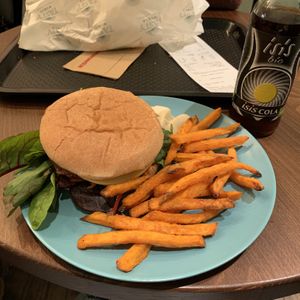 Vegan chewy burger and sweet potato fries  at Tasty World in Ghent