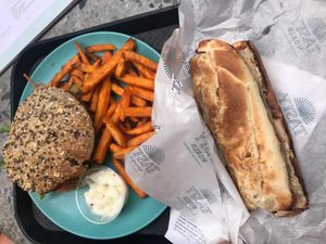 Chewy burger, fries, hotdog at Tasty World in Ghent