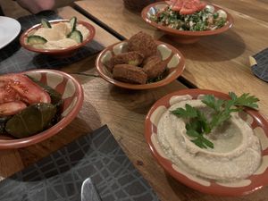 Hummus, taboulé, warak inab, falafel and baba ghanoush  at Gibran in Venice