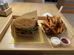 Really good burger and sweet potato fries, totally worth the visit! Also great service at Oaza Joyful Kitchen in Zagreb