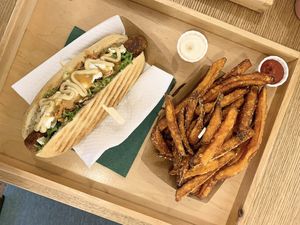 Vegan Hot Dog and Sweet Potatoes  at Oaza Joyful Kitchen in Zagreb