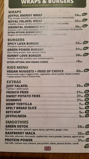 The menu at Oaza Joyful Kitchen in Zagreb