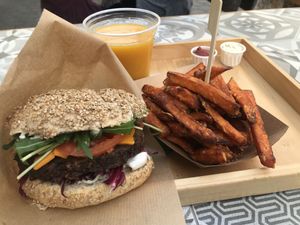 The food looked great. Fries were really tasty. However, the burger was very dry.   at Oaza Joyful Kitchen in Zagreb