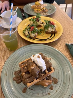 Snickers waffels, chickpea tuna toast, pumpkin waffels and immune booster juice  at Oaza Joyful Kitchen in Zagreb