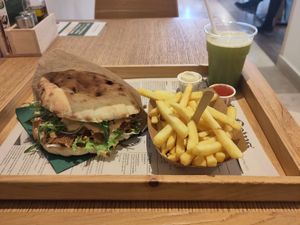Kebab menu with fries and a ginger mint juice at Oaza Joyful Kitchen in Zagreb