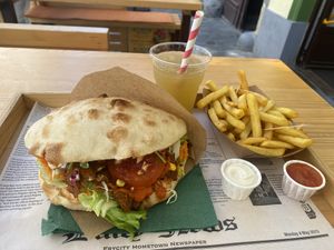 Vegan Kebab Meals outside sitting area  at Oaza Joyful Kitchen in Zagreb