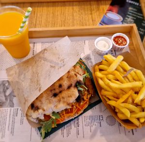 Joyful Kebab with fries and mango lassi at Oaza Joyful Kitchen in Zagreb