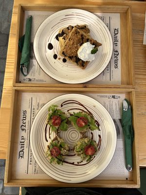 “Tuna” toasties & Snickers waffles  at Oaza Joyful Kitchen in Zagreb