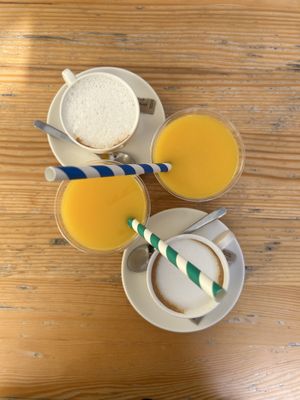Mango lassi & cappuccino (almond & coco milk)  at Oaza Joyful Kitchen in Zagreb