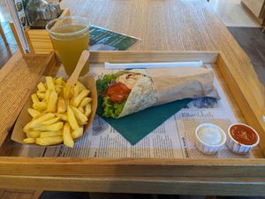 Full meal: kebab wrap with fries and immuno boost lemonade at Oaza Joyful Kitchen in Zagreb