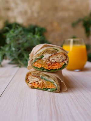 Joyful Energy wrap - with vegan nuggets, spinach, carrots, marinated almonds and orange.  at Oaza Joyful Kitchen in Zagreb