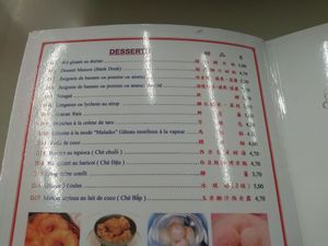 Desserts menu with prices at Tricotin in Paris