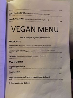 Vegan menu  at Mayka in Podgorica