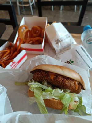 Crispy Supreme Buffalo Burger, onion rings and sweet potato fries at MAX - Jana Pawła in Warsaw