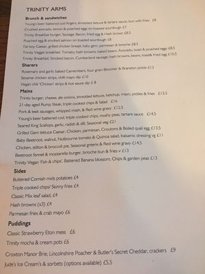 Menu from late September 2019 at Trinity Arms in South West London