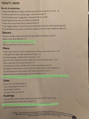 latest menu. instead of fish and chips, they have a vegan wellington at Trinity Arms in South West London