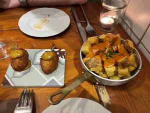 Vegan chicken nuggets and patatas bravas  at Sensi Gourmet Tapas in Barcelona