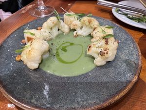 Cauliflower with green curry, leek and roasted chickpeas  at Sensi Gourmet Tapas in Barcelona