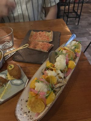 Vegan “ceviche”-  cold veggies with vegan “leche de tigre”- sounds weird but was delicious and unlike anything I’ve eaten before  at Sensi Gourmet Tapas in Barcelona
