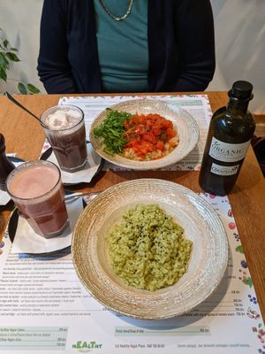 Creamy pesto risotto, Falafel with quinoa in a tomato sauce, Pink chai latte & Acai berry latte at Eat Healthy in Belgrade