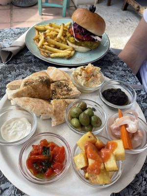 Mezze platter and burger   at Can Nuts in Ibiza