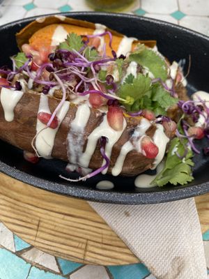 Sweet potato with mushrooms caramelised onions and tahinii  at Can Nuts in Ibiza