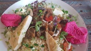 Marinated tofu, aubergine ragu, bulgar wheat and beetroot hummus. Amazing x at Can Nuts in Ibiza