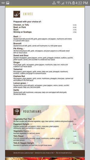 Part of the menu, most sections offer tofu at Nisa's Thai in Canton